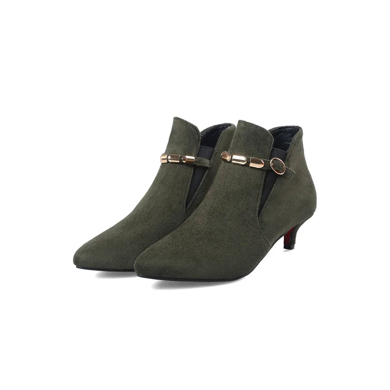 Buckle Flock Low Heel Ankle Boots