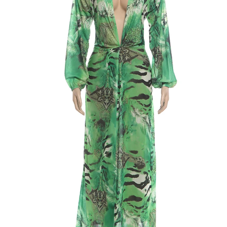 Lantern Sleeve Tiger Stripe Maxi Dress