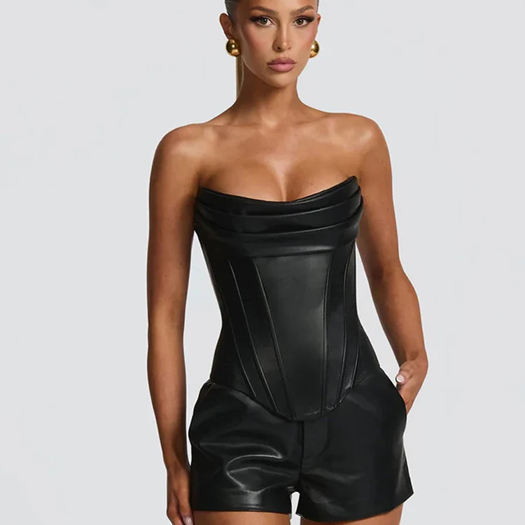 Faux Leather Back Lace-Up Bustier