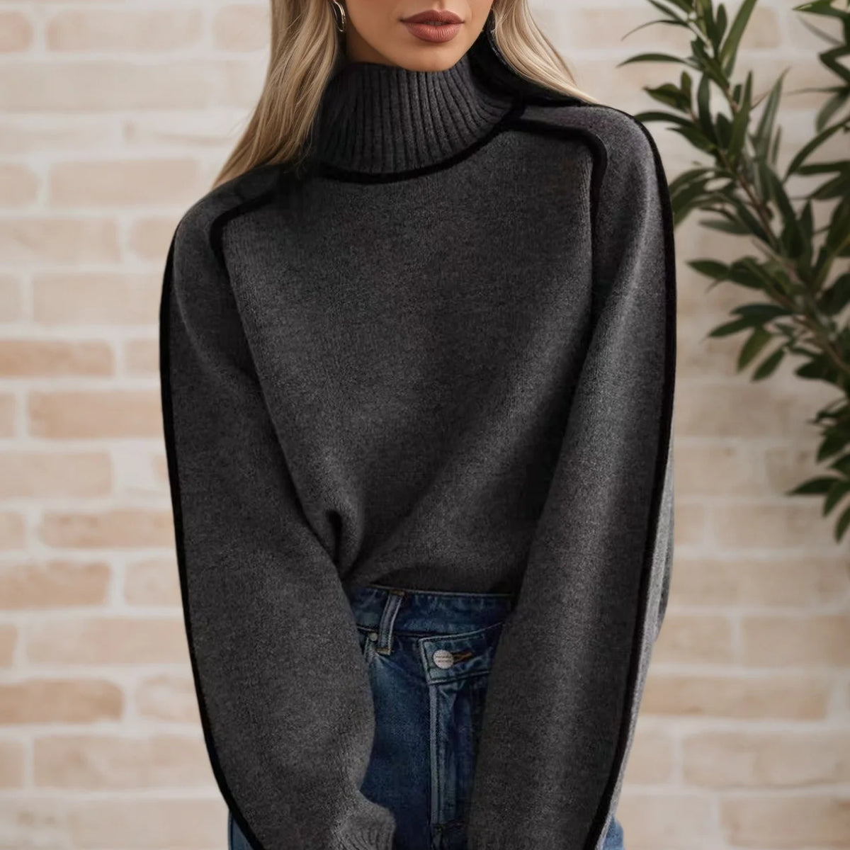 Black Lined Pullover Soft Sweater