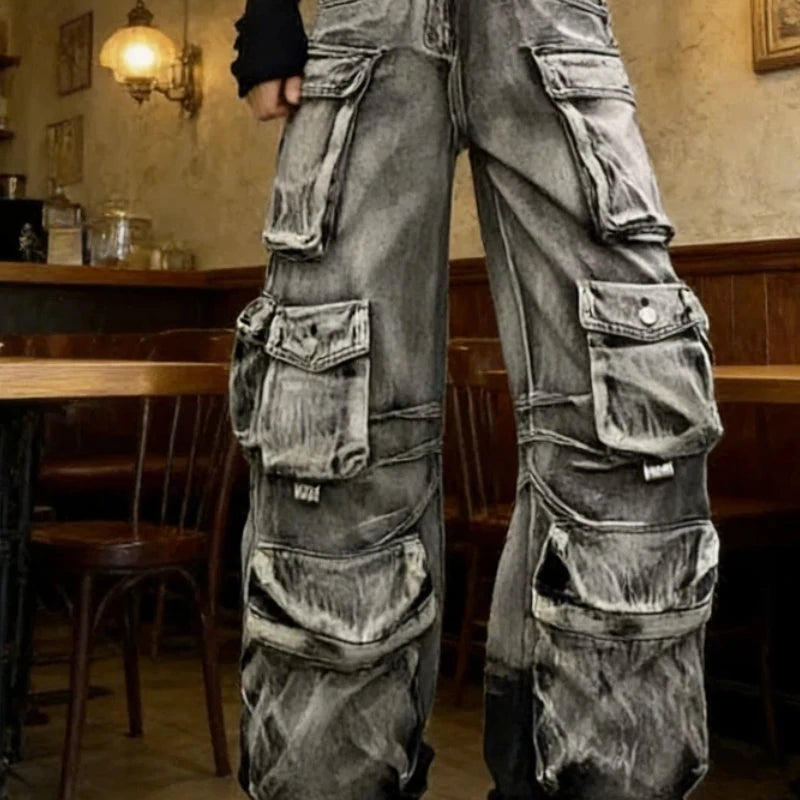 Stacked Pockets High-Waisted Cargo Jeans