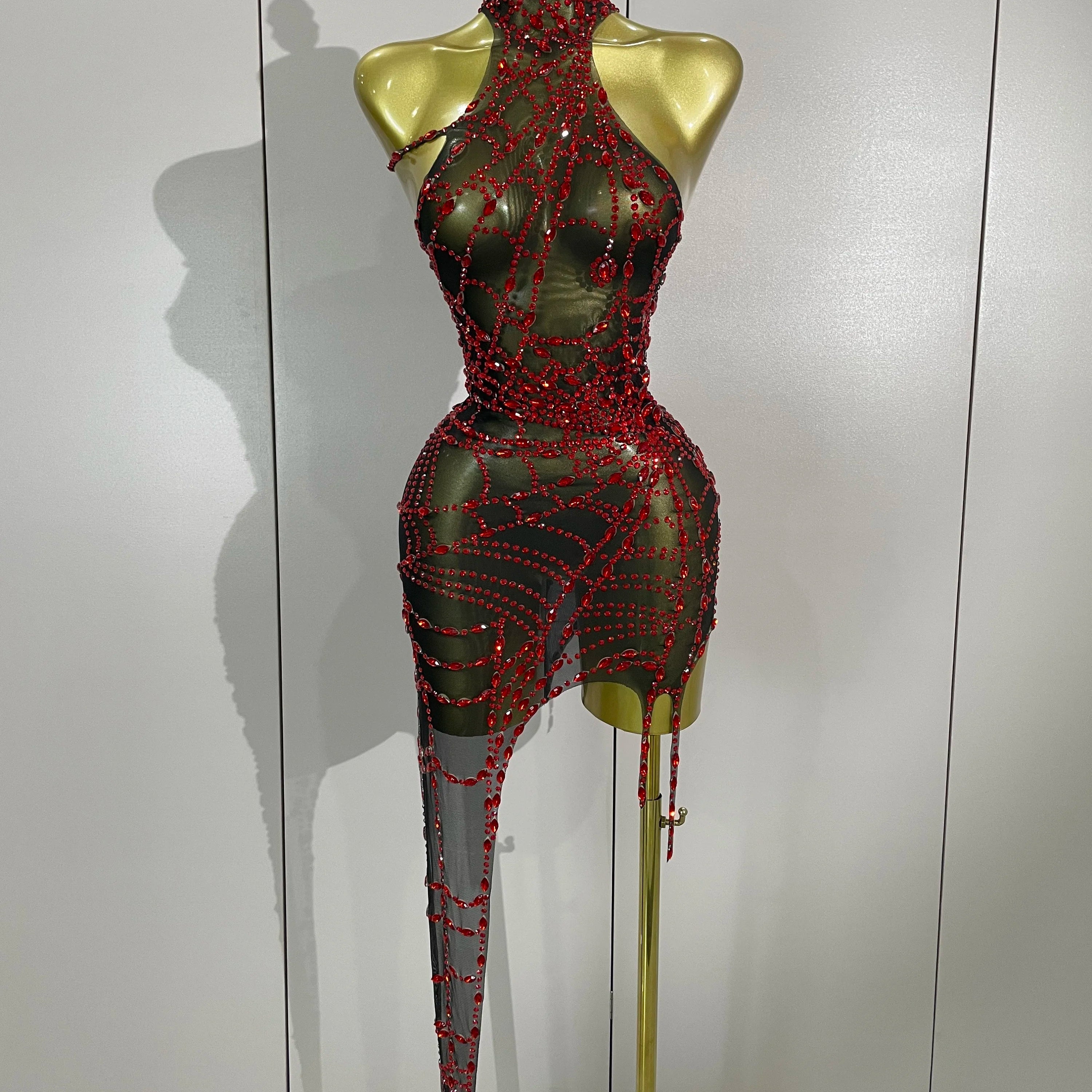 Rhinestone Mesh Asymmetric Mini Dress