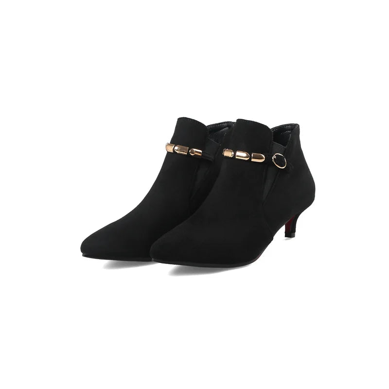 Buckle Flock Low Heel Ankle Boots