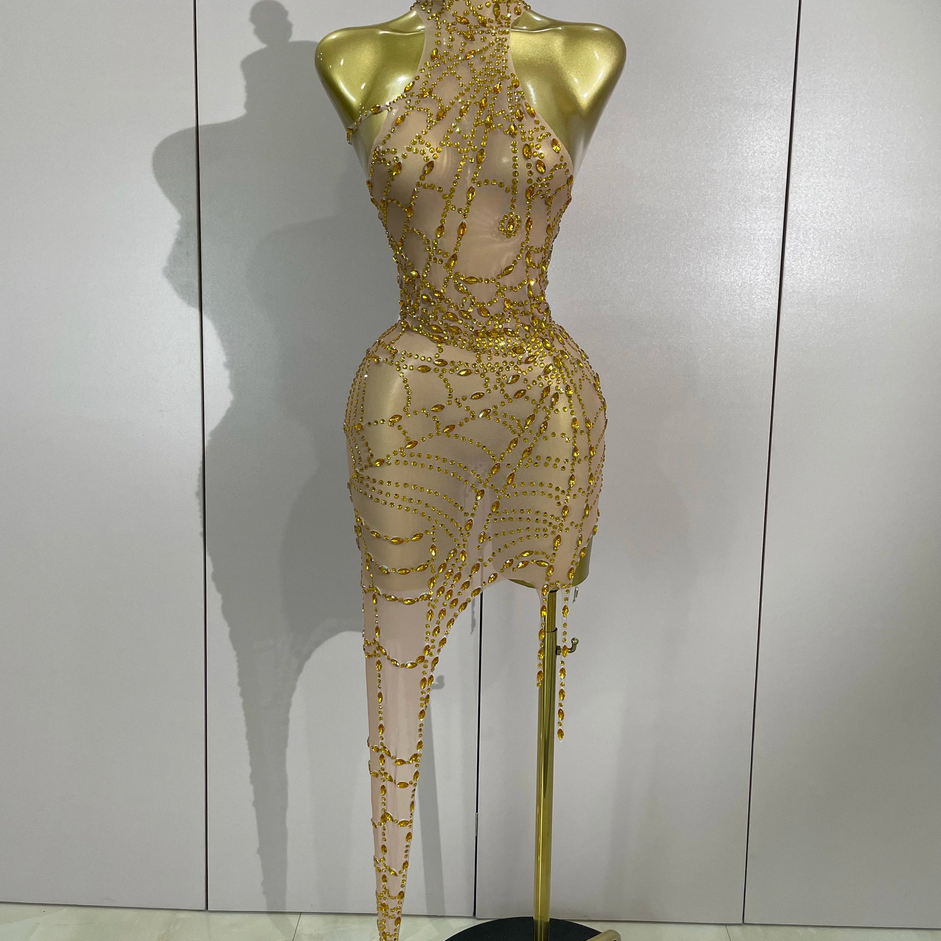 Rhinestone Mesh Asymmetric Mini Dress