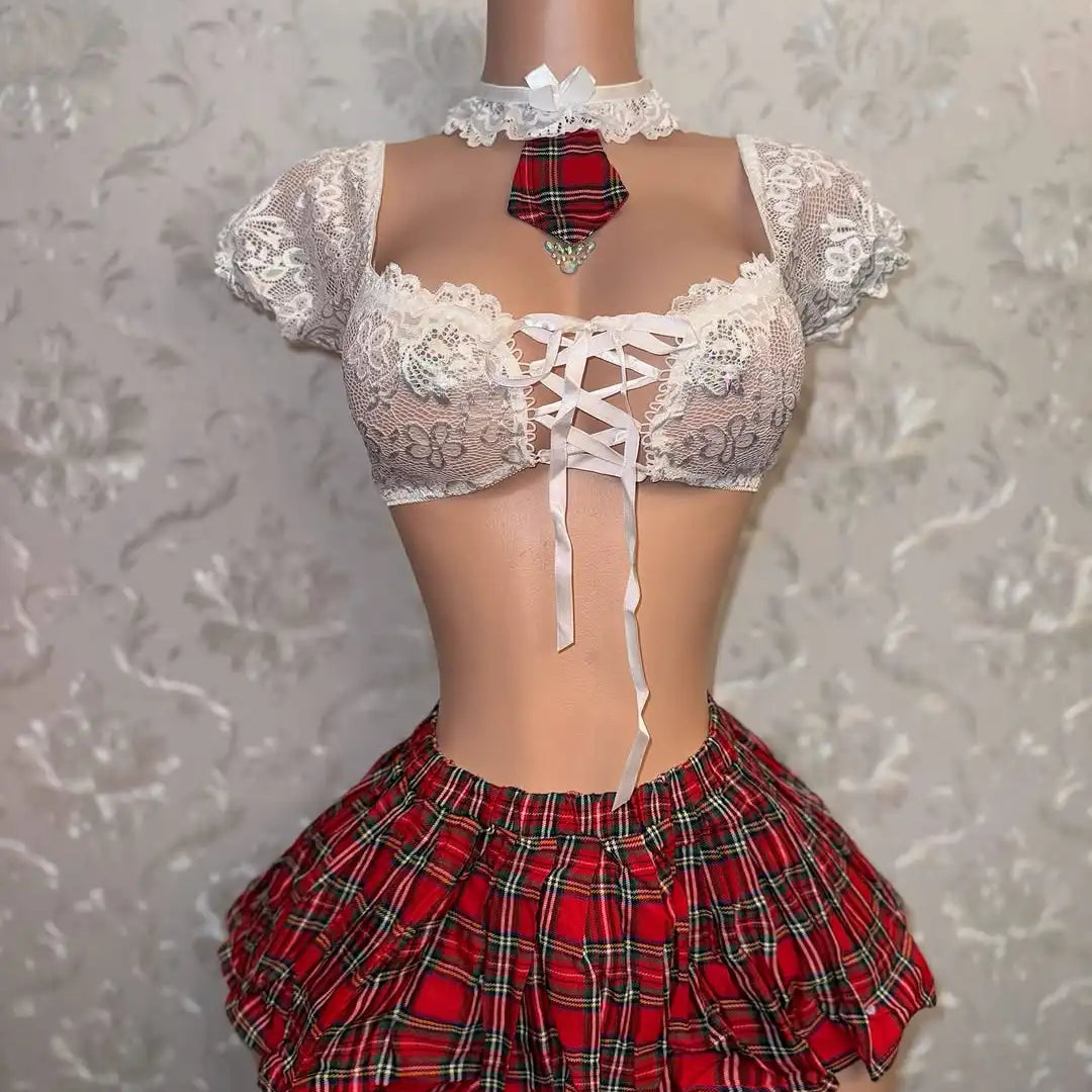 Floral Lace Plaid Skirt Cosplay Lingerie
