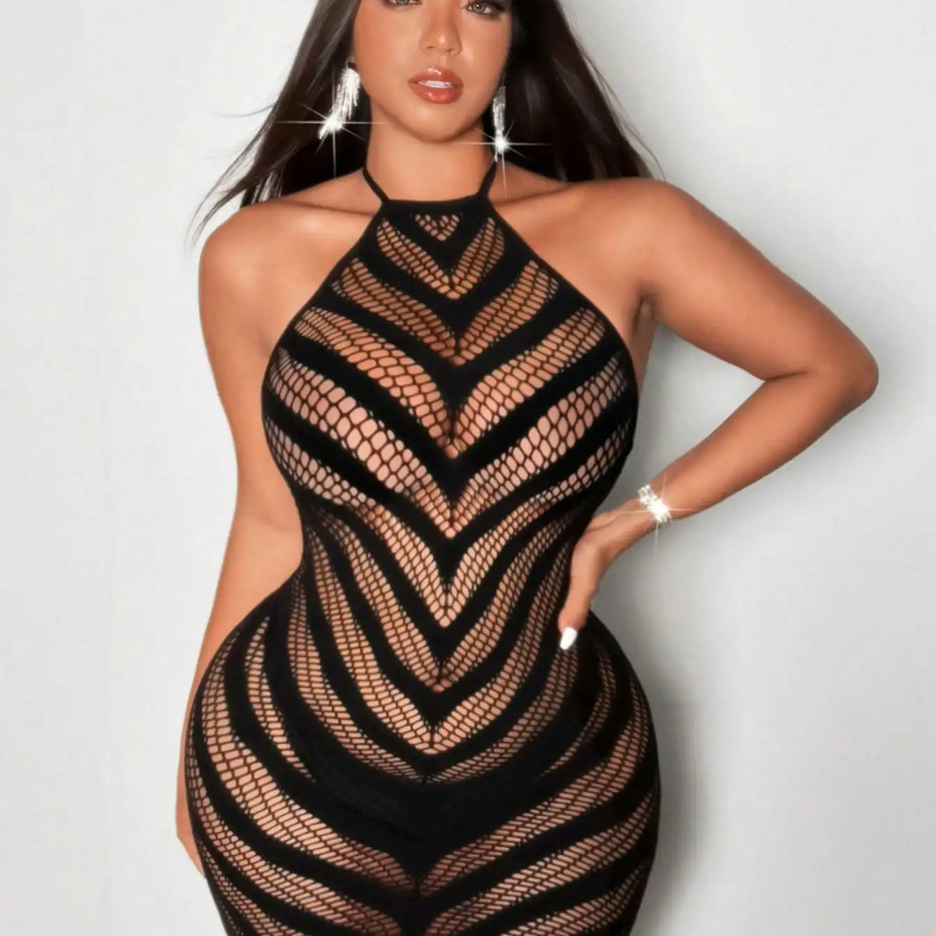 Black Hollow Out Fishnet Mini Dress