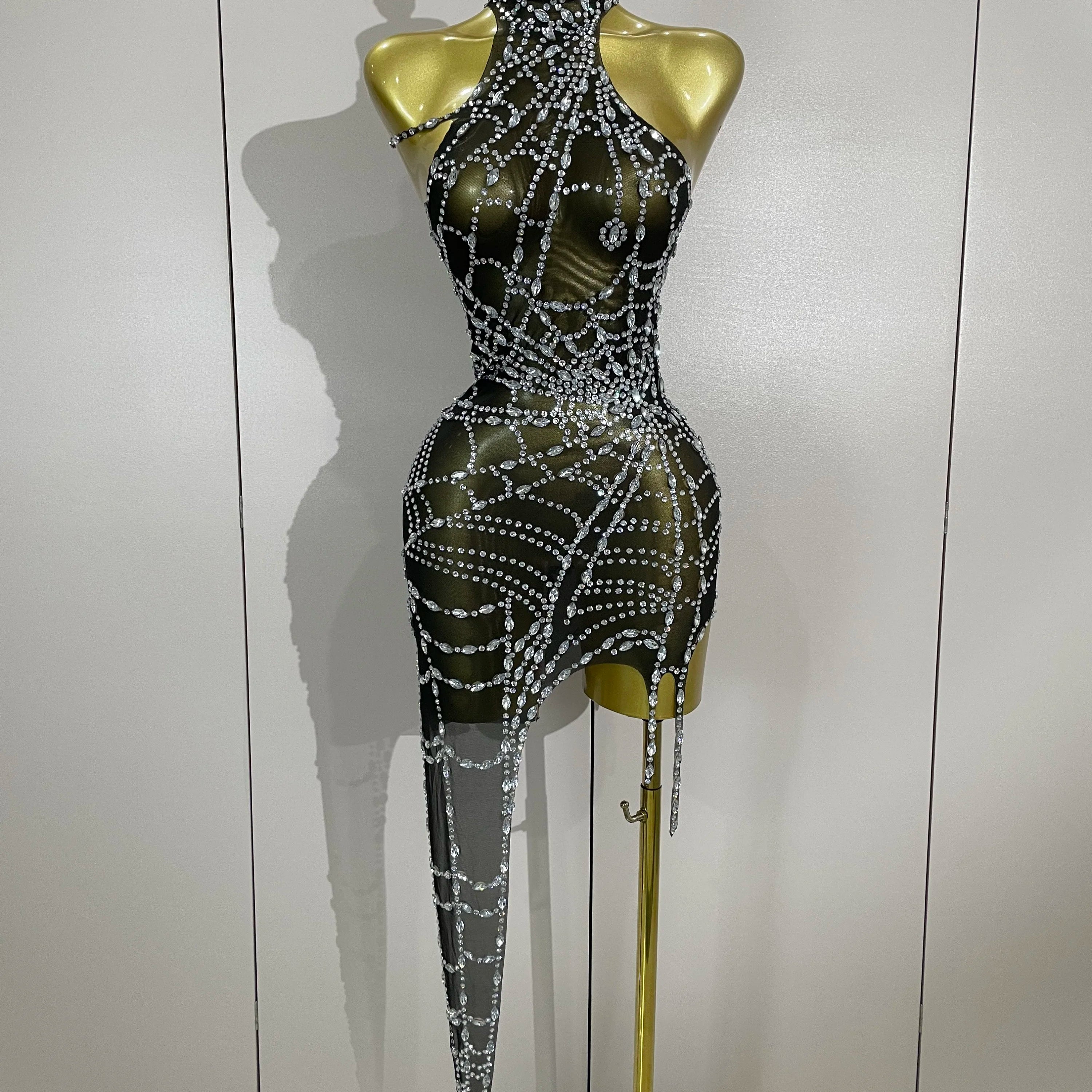 Rhinestone Mesh Asymmetric Mini Dress