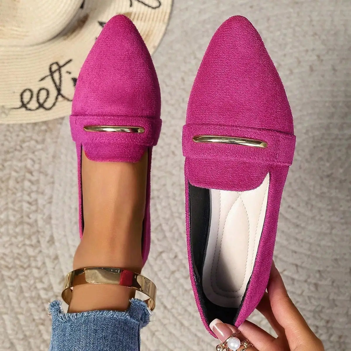 Flock Pointed Toe Slip-On Flat Shoes