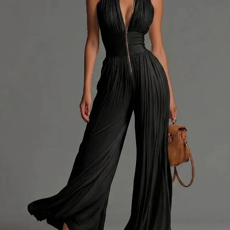 V-Neck Pleated Zip-Front Jumpsuit