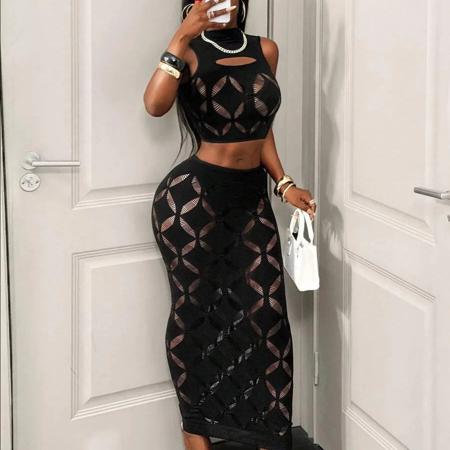 Sheer Mesh Hollow-Out Skirt Set