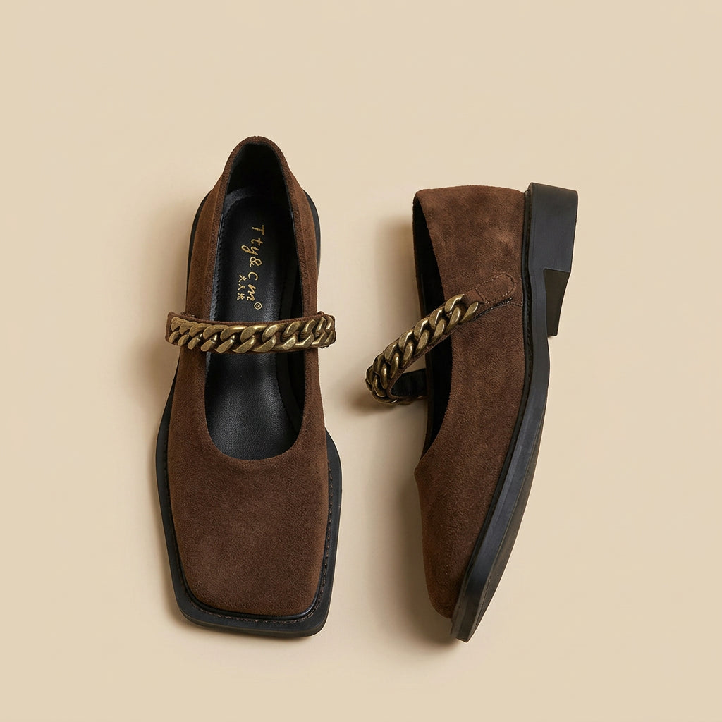 Chain Retro Square Toe Low Heel Shoes