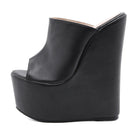 Black Leather High Wedges Heels Sandals