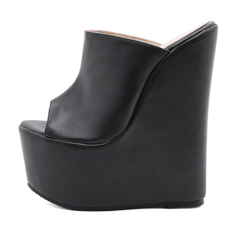 Black Leather High Wedges Heels Sandals