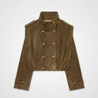 A cropped brown suede jacket with a high stand collar, double-breasted buttons, and shoulder epaulets, shown flat on a white background.