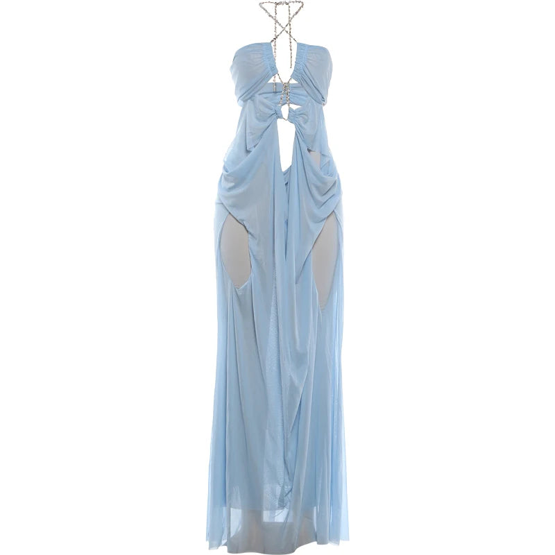 See-Through Halter Chain Backless Long Dress