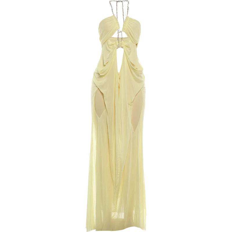 See-Through Halter Chain Backless Long Dress – Maimoco