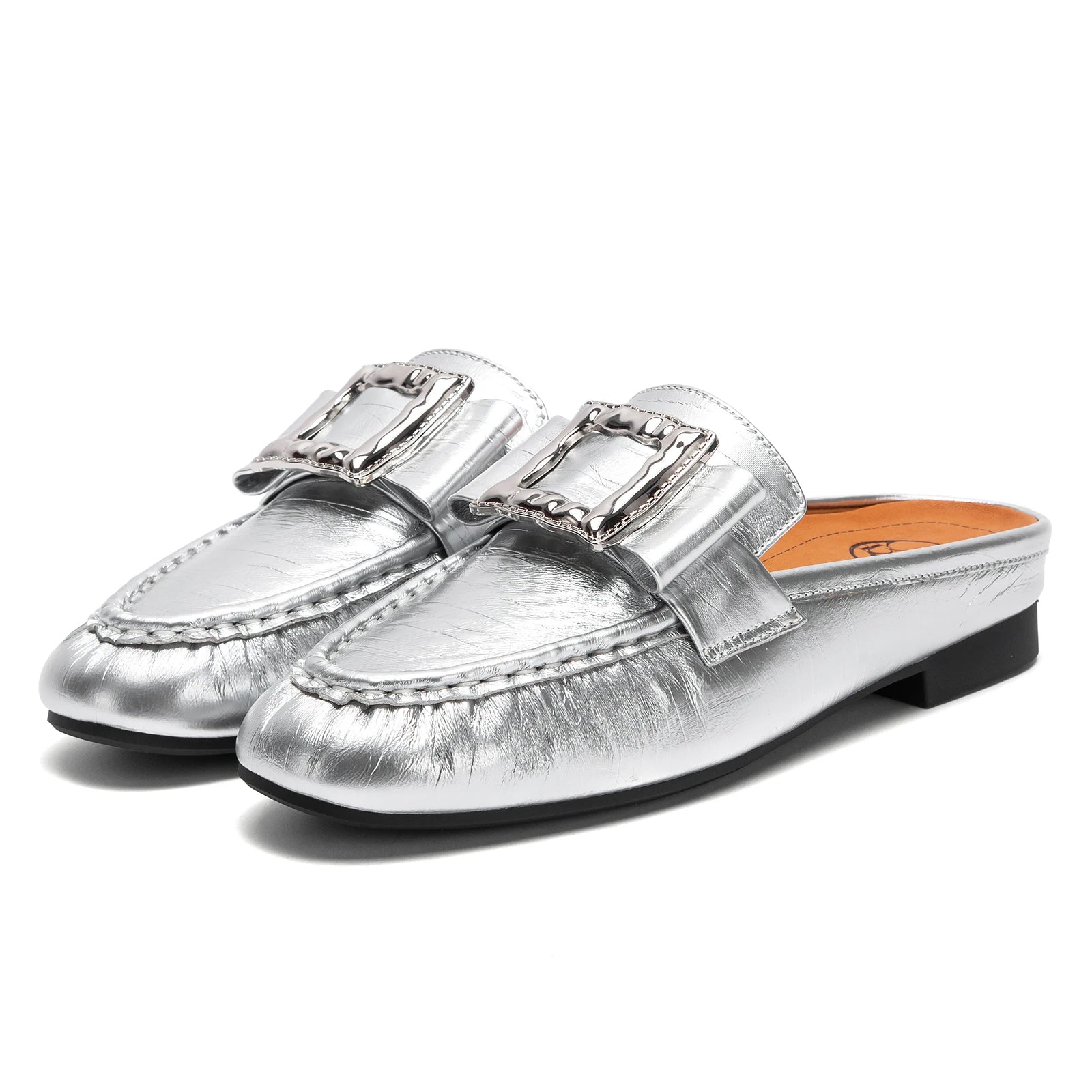 Square Appliques Leather Mules Shoes