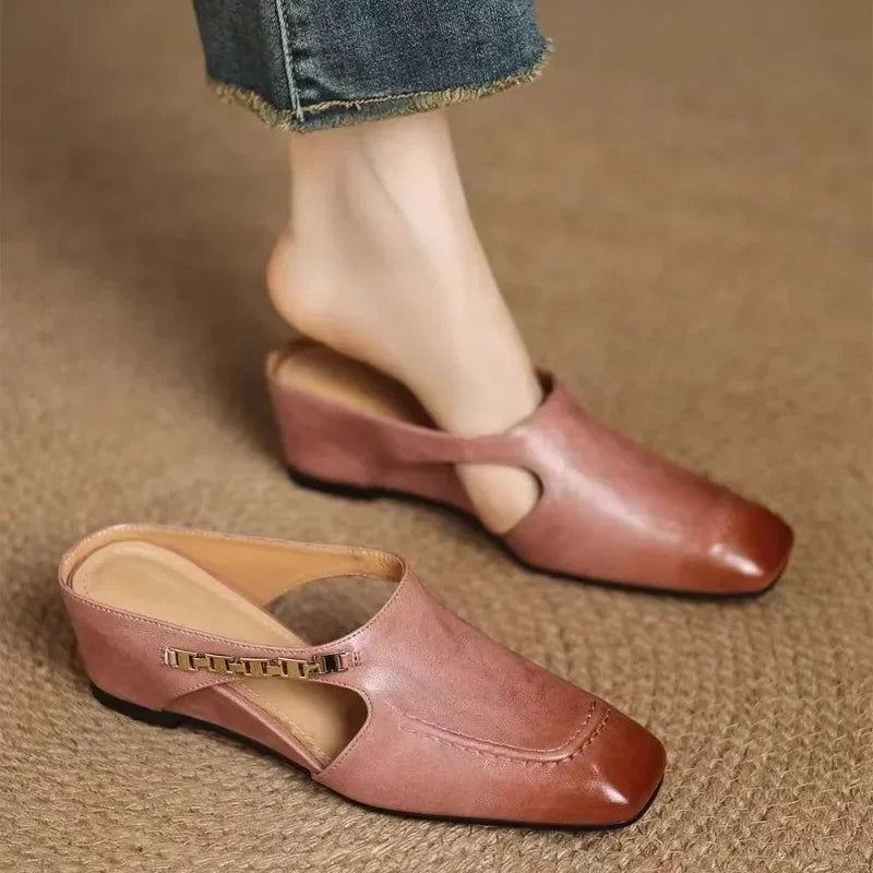 Retro Square Toe Leather Mules Shoes