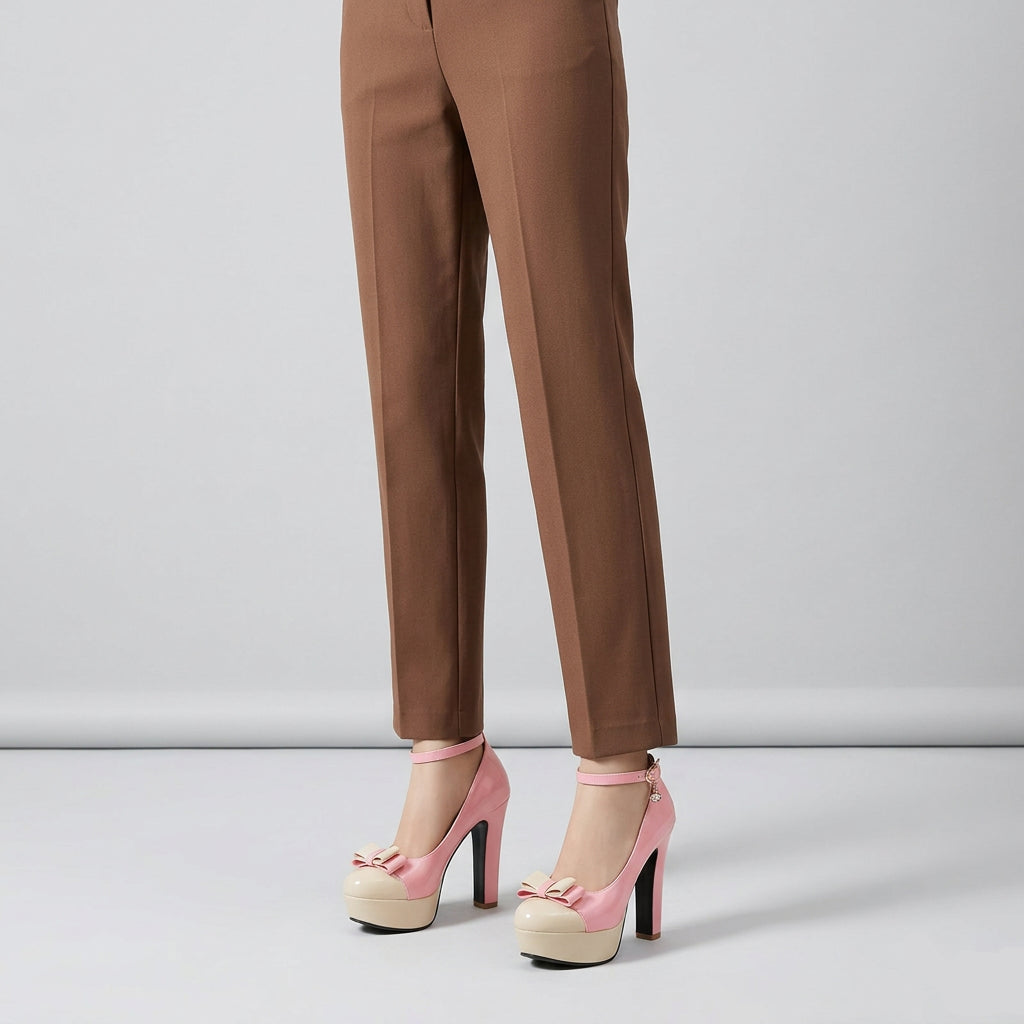 Pink and cream platform high heels with ankle straps and bow details, shown on a model wearing brown pants on a wood-patterned floor.