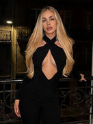 Long-Sleeve Halter Hollow Out Jumpsuit