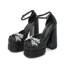 Pearl Beads Rhinestone Chunky Heels Shoes