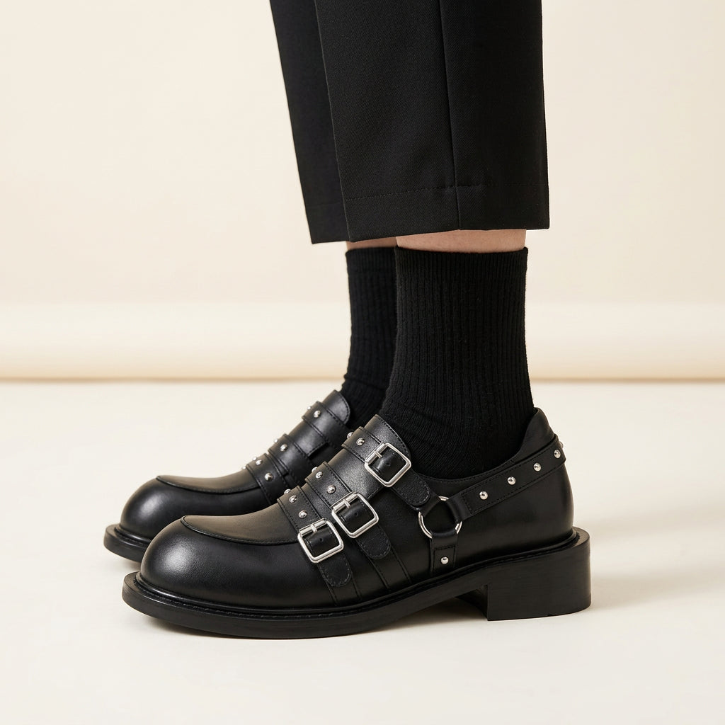 Retro Buckle Rivet Loafer Shoes