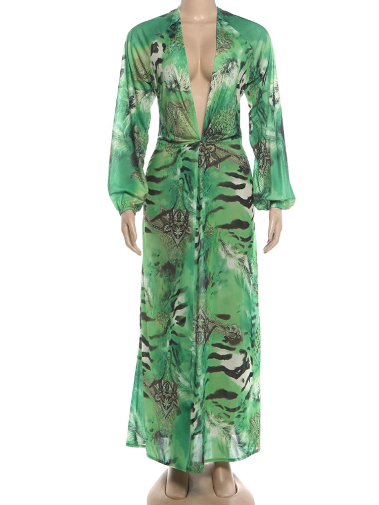 Lantern Sleeve Tiger Stripe Maxi Dress