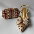 Gold-Brown Rhinestones Bow Matching Clutch Slingback Set