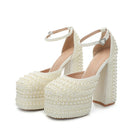 Pearl Beads Rhinestone Chunky Heels Shoes