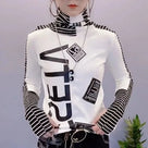Spliced Letter Striped Turtleneck Tops
