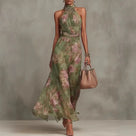 Elegant Halter Green Floral Maxi Dress