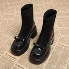 Solid Black Bow Stretch Sock Ankle Boots