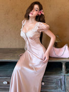 Lace Patchwork Puff Sleeve Maxi Dress