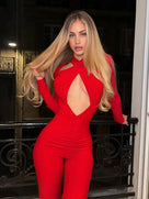 Long-Sleeve Halter Hollow Out Jumpsuit
