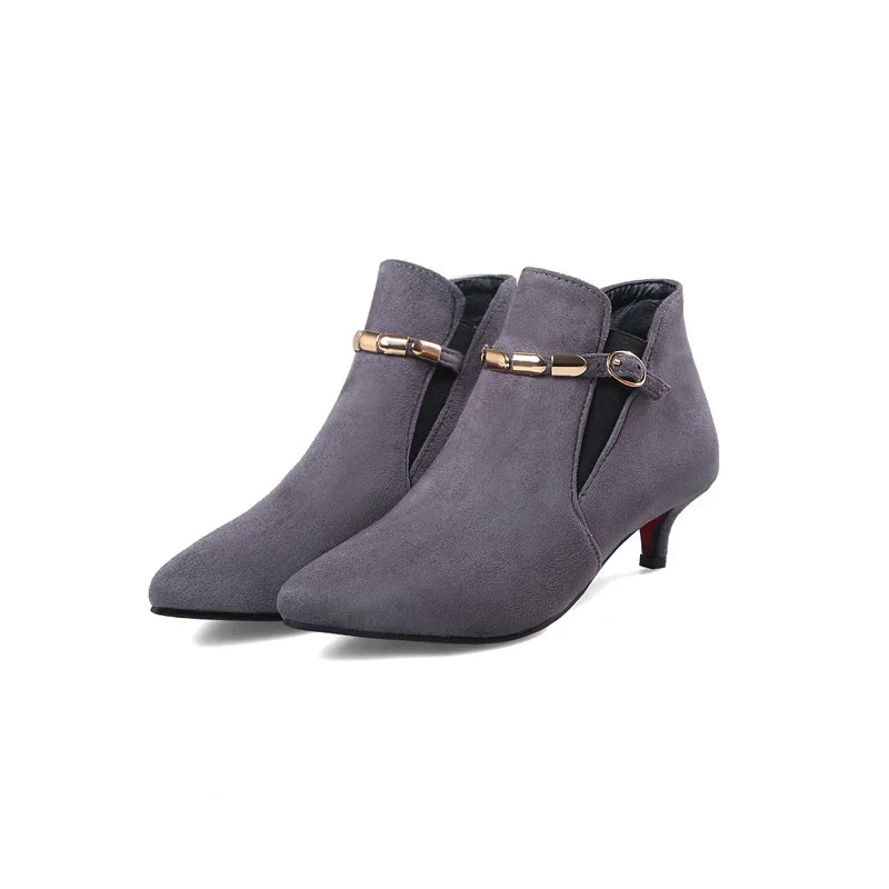 Buckle Flock Low Heel Ankle Boots