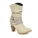 Rivet Buckle Leather Mid-Calf Boots