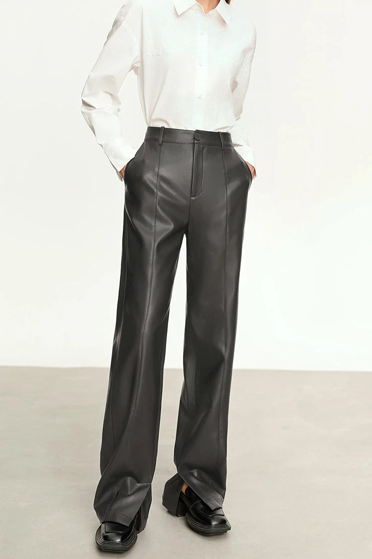 Minimalist Solid Leather Straight Fit Pants