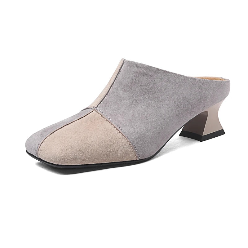 Suede Square Toe Mules Heels Shoes