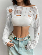 Ripped Long Sleeve Crochet Crop Top