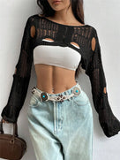 Ripped Long Sleeve Crochet Crop Top