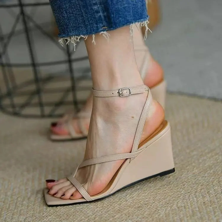 Square Toe Buckle Wedges Sandals