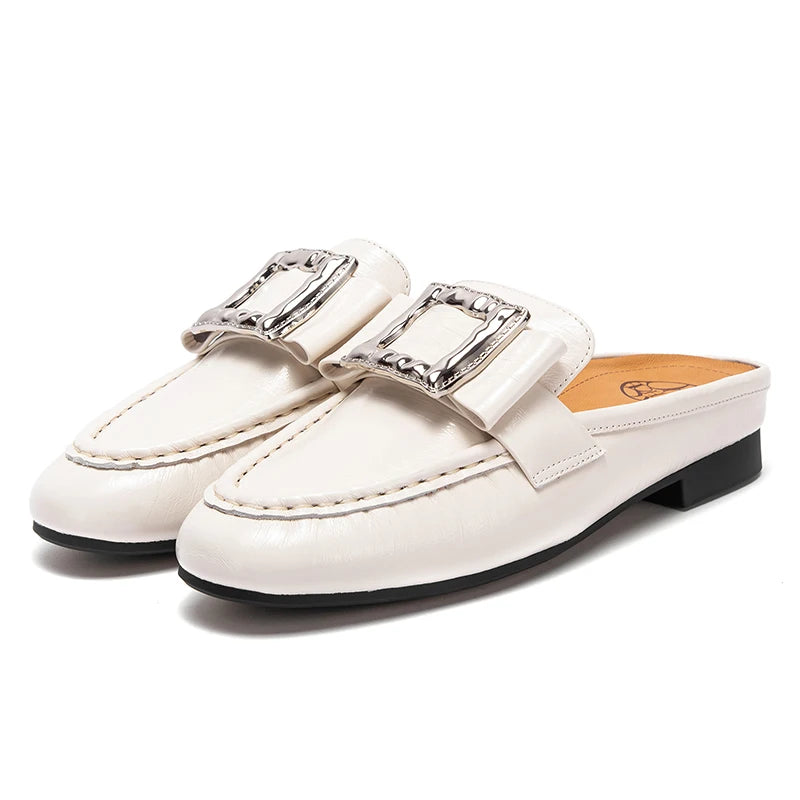 Square Appliques Leather Mules Shoes