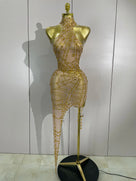 Rhinestone Mesh Asymmetric Mini Dress