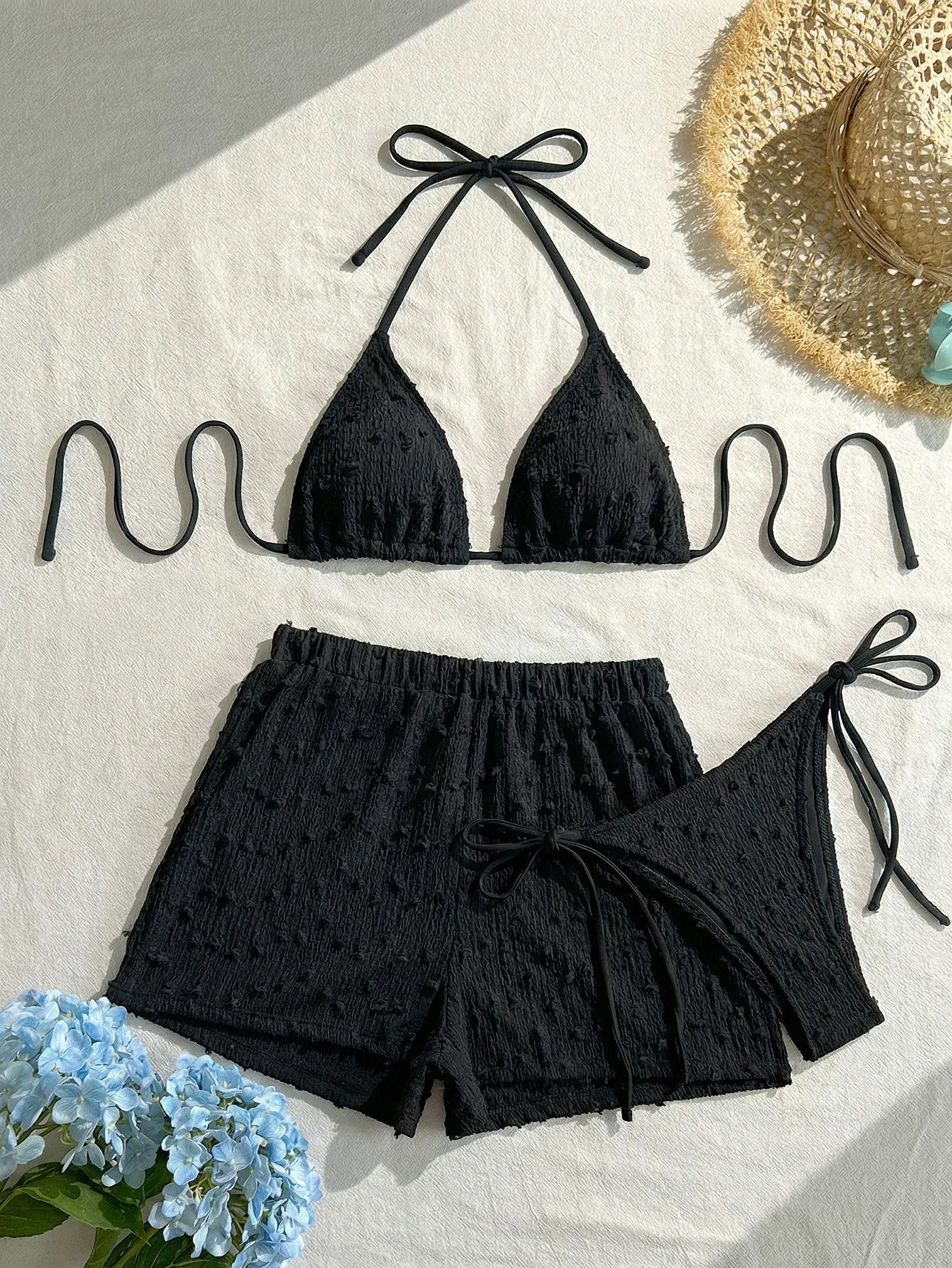 Ruched Halter Bikini Three-Piece Set