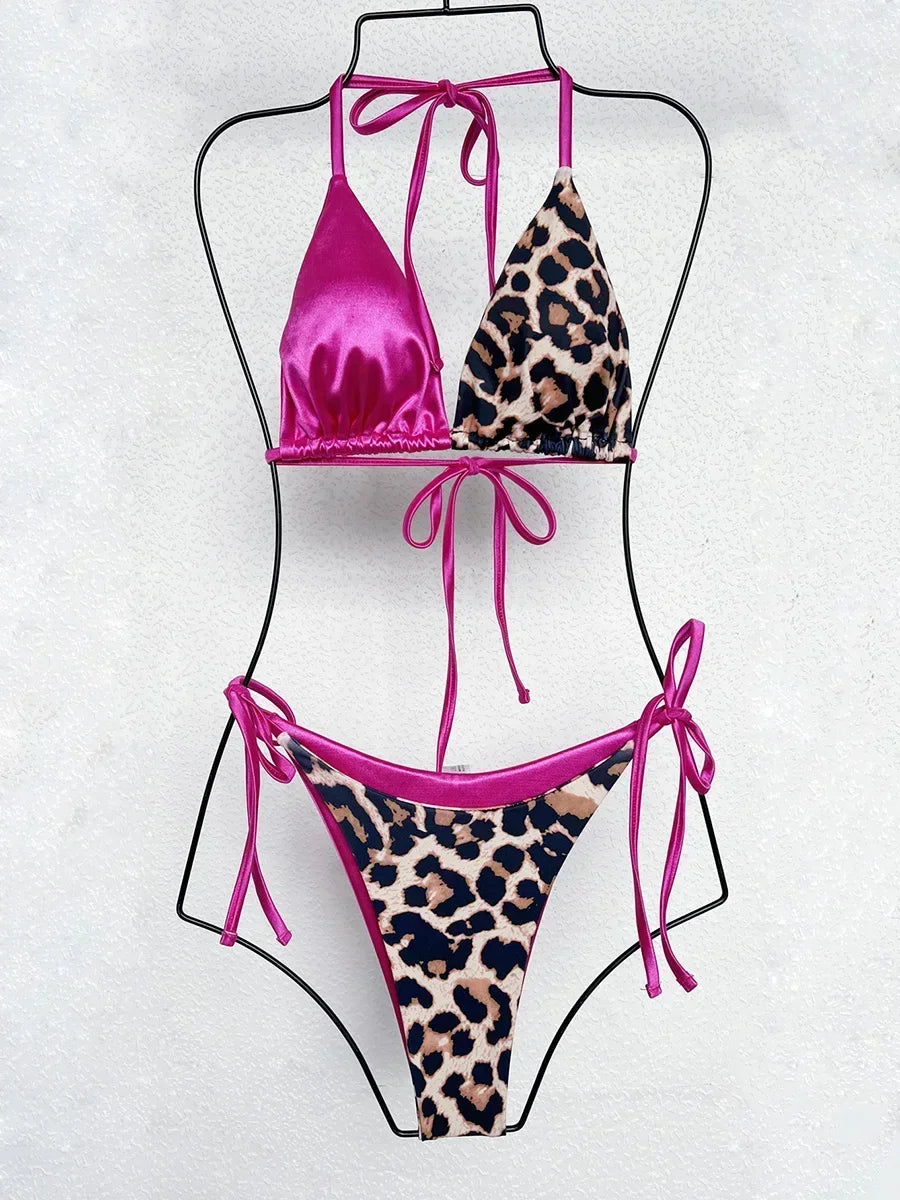 Halter Splicing Leopard Bikini