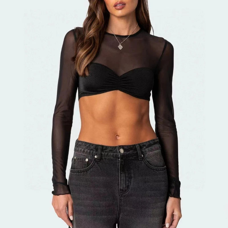 Black Mesh Long Sleeve Crop Top