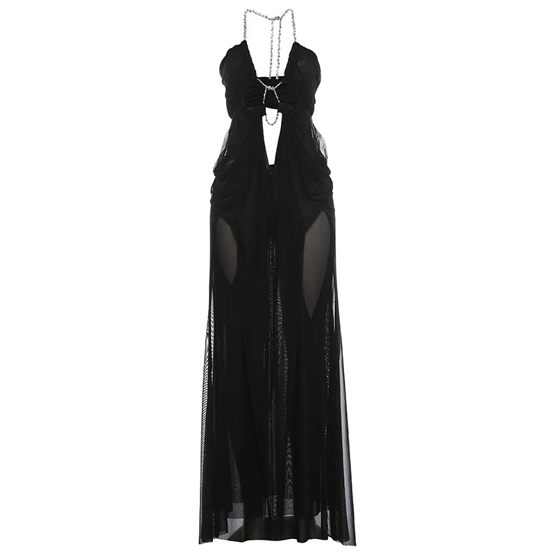 See-Through Halter Chain Backless Long Dress