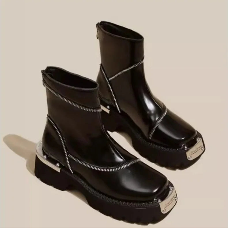 Square Metal Toe Cap Platform Ankle Boots