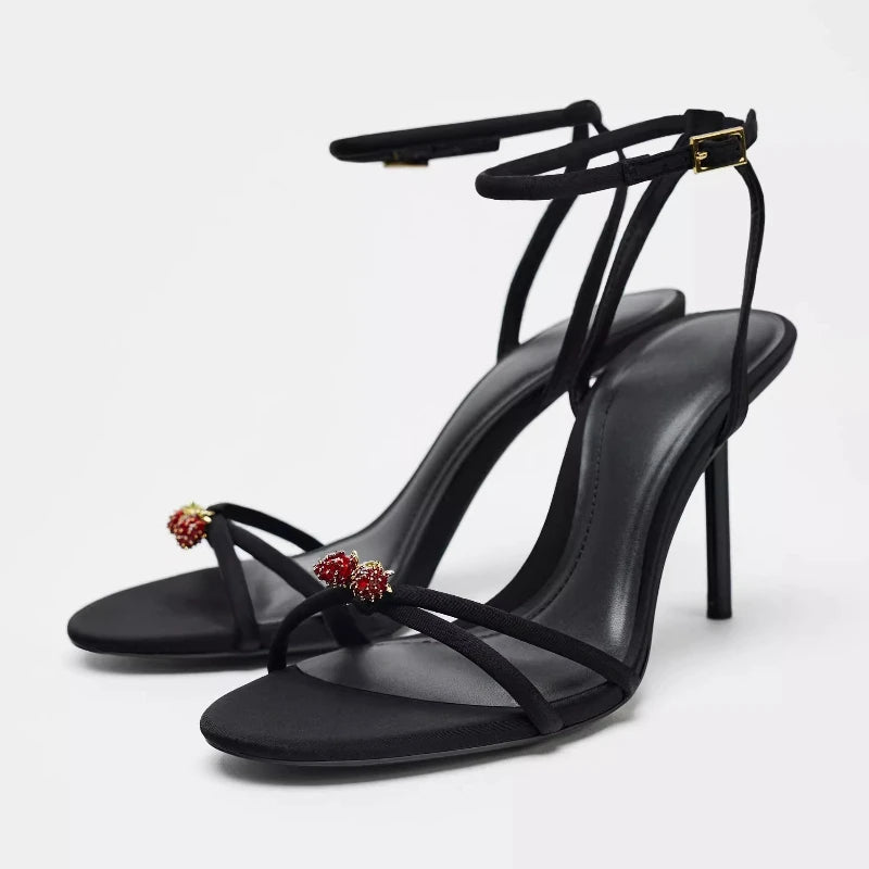 Black Ankle Strap Thin Heels Sandals