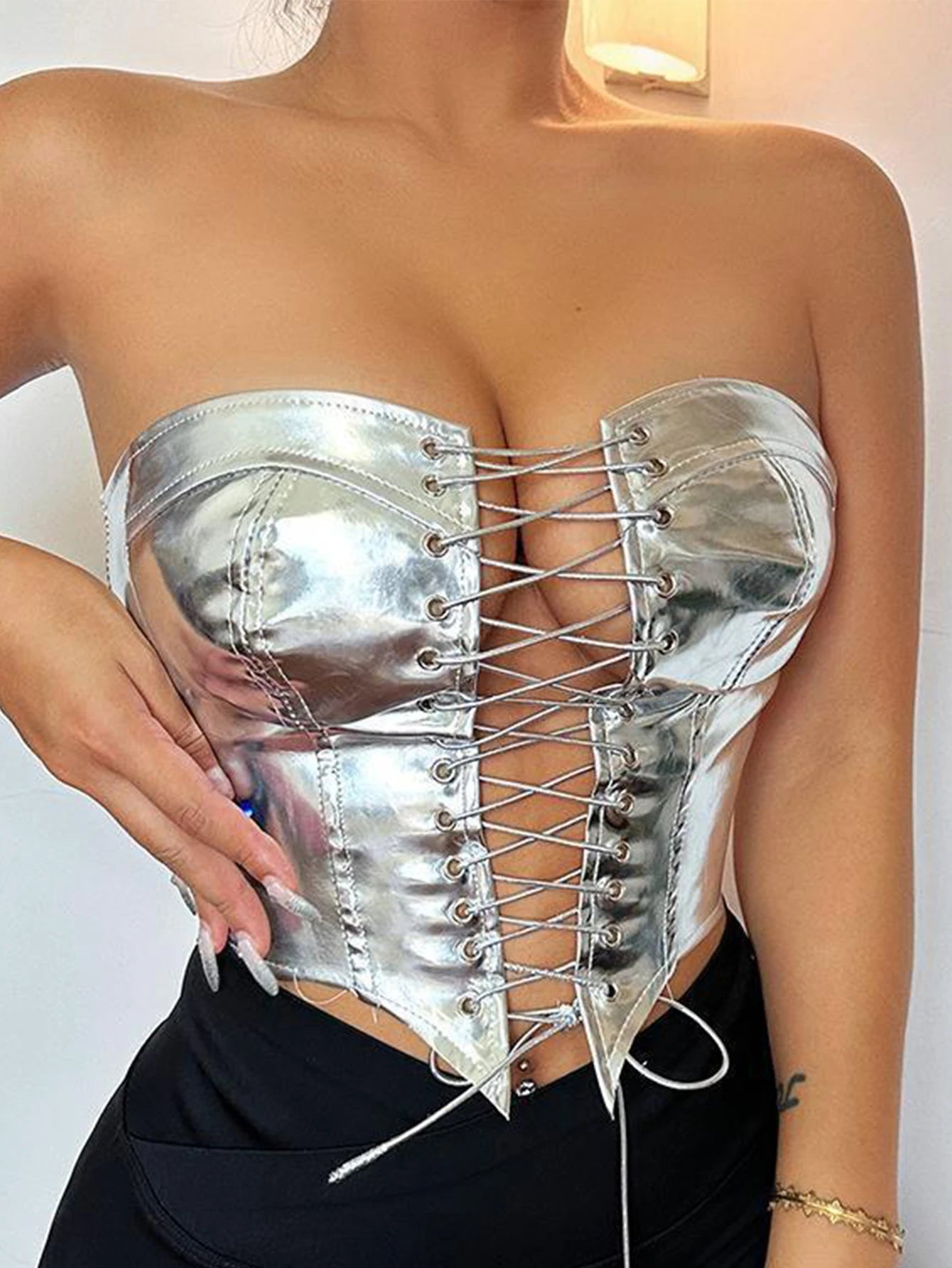 Metallic Color Lace-Up Front Crop Top